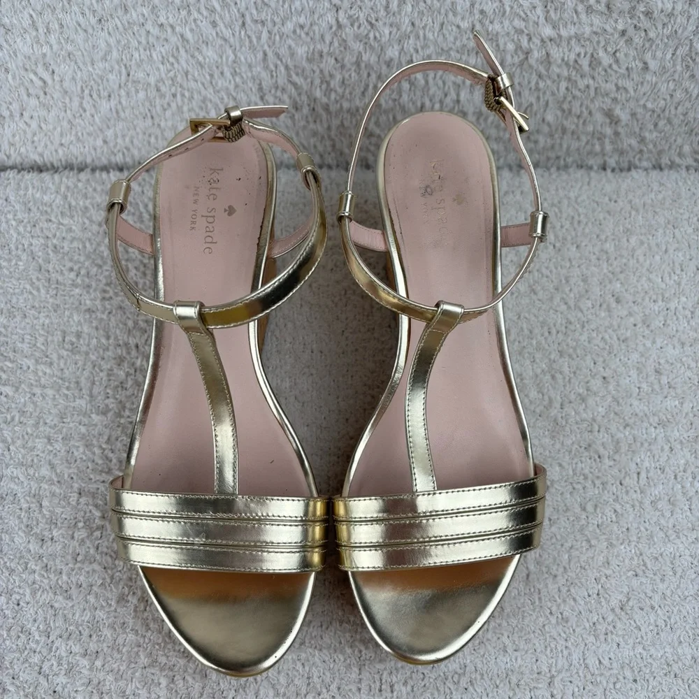 Kate Spade Sandal Womens 9M Gold Tallin Strappy Open Toe Espadrille Platform Wed